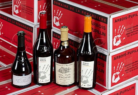 Bottles and cases of wine in cellar of Domaine de la Renardire Pupillin near Arbois Jura France  ArboisPupillin