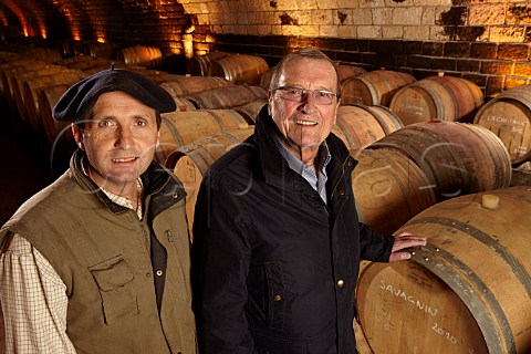 Pierre Martin died 2023 and Bruno Ciofi in barrel cellar of Domaine de la Pinte circa 2013 Arbois Jura France