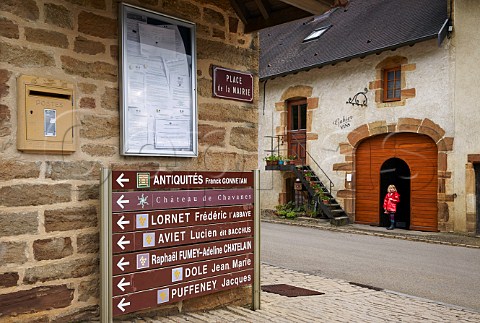 Signs to wine producers in village of MontignylsArsures opposite the winery of Michel Gahier  Jura France   Arbois