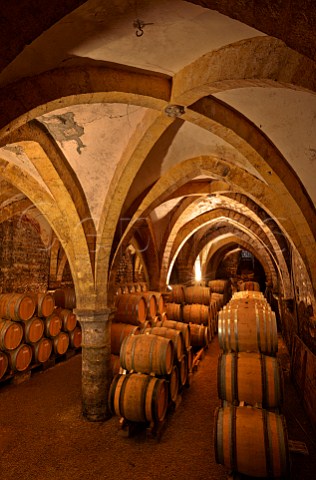 Barrel ageing in the 14thcentury Cave de la Reine Jeanne  leased by ngociant Cellier de Tiercelines of Benot Mulin and Stphane Tissot Arbois Jura France