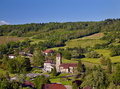 Vineyards above church and village of Ltoile Jura France  Ltoile