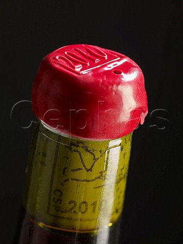 Wax seal on bottle of 2010 Jura wine France