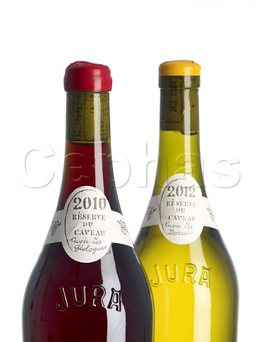 Bottle of 2010 Cuve des Gologues Trousseau and 2012 Cuve des Docteurs Chardonnay of Caveau de Bacchus MontignylsArsures Jura France Arbois