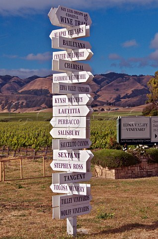 Signs to wineries in the Edna Valley with the Santa Lucia Mountains in distance San Luis Obispo California   Edna Valley