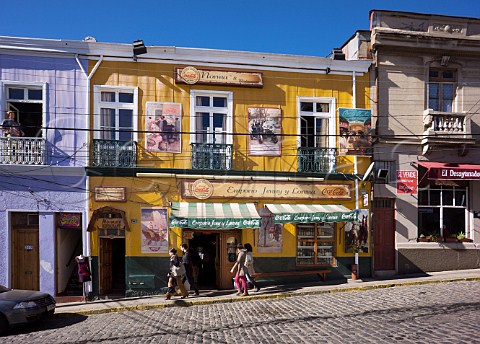 Emporio Jenny y Lorena and Normas Restaurant on cobbled street Valparaiso Chile