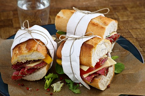 Salami tomato cheese and yellow pepper sandwich