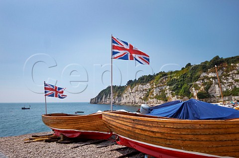 Fishing boats on the beach at Beer South Devon UK