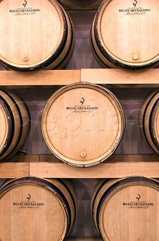 Barrels in the aging cellars of Champagne BillecartSalmon MareuilsurAy Marne France Valle de la Marne  Champagne