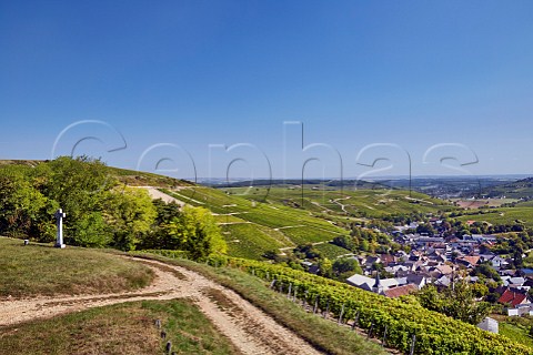 View over village of Chavignol from top of Le Cul de Beaujeu vineyard with Les Monts Damns vineyard on left Cher France   Sancerre