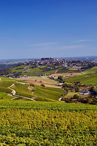 View to the hilltop town of Sancerre from Les Monts Damns vineyard above Chavignol Cher France  Sancerre