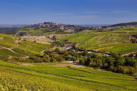 View to the hilltop town of Sancerre from Les Monts Damns vineyard above Chavignol Cher France  Sancerre
