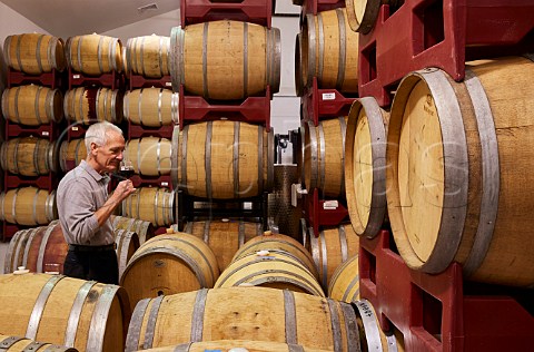 Tasting wine from barrel in winery of North Gate Vineyard Purcellville Virginia USA  Middleburg AVA