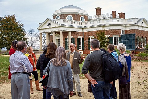 Gabrielle Rausse talking to a group of wine writers in the garden of the Thomas Jefferson house at Monticello Virginia USA