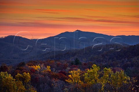 Sunset over the Blue Ridge Mountains viewed from winery of Ankida Ridge vineyards Amherst Virginia USA