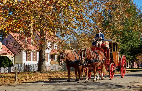 Horsedrawn carriage passing St George Tucker House on Nicholson Street Colonial Williamsburg Virginia USA