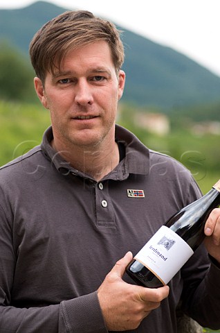 Matja etrti winemaker of Ferdinand with bottle of his Rebula Kojsko Slovenia Brda