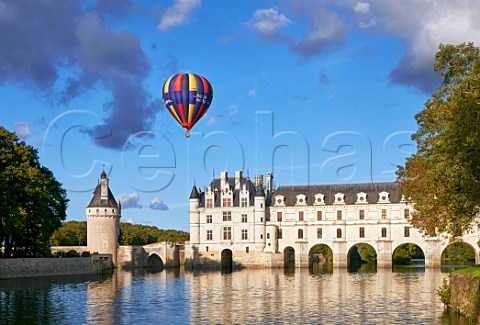 Hotair balloon above Chteau de Chenonceau and the River Cher Chenonceaux IndreetLoire France