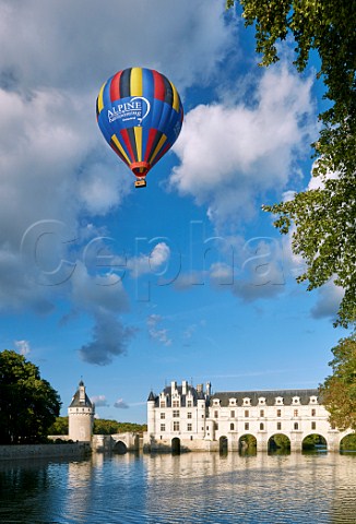 Hotair balloon above Chteau de Chenonceau and the River Cher Chenonceaux IndreetLoire France