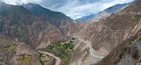 Terraced vineyards and agriculture above the Lancang River on the road from Shengping town to Cizhong  Deqin County Deqen Yunnan Province China