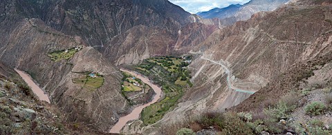 Terraced vineyards and agriculture above the Lancang River on the road from Shengping town to Cizhong  Deqin County Deqen Yunnan Province China