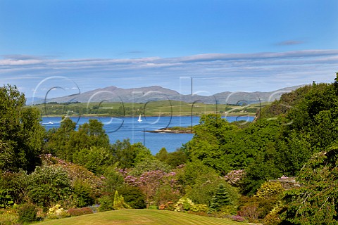Loch Linnhe and isle of Lismore viewed over gardens of Druimneil House Port Appin Argyllshire Scotland