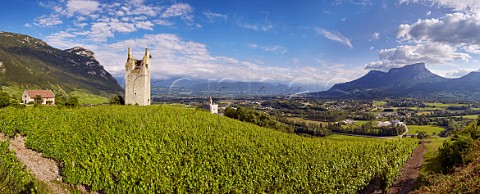 One of Les Tours de Chignin in vineyards above Chapelle StAnthelme with the Combe de Savoie on left and Mont Granier on right Chignin Savoie France