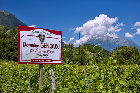 Sign in vineyard of Chteau de Mrande with the Dent dArclusaz mountain beyond Domaine Genoux Arbin Savoie France