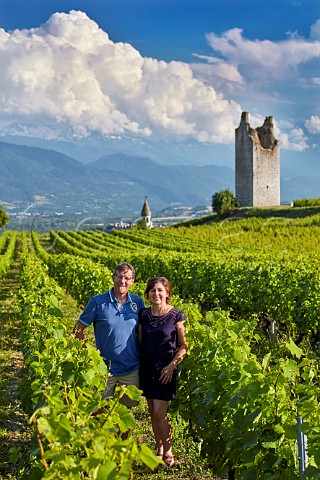 JeanFranois and Catherine Quenard in Pinot Noir vineyard at Les Tours de Chignin Domaine JeanFranois Quenard Chignin Savoie France