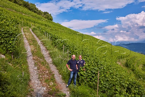 Didier left and Denis Berthollier in Les Salins vineyard of Domaine La Combe des GrandVignes Francin Savoie France  Cru Chignin Bergeron