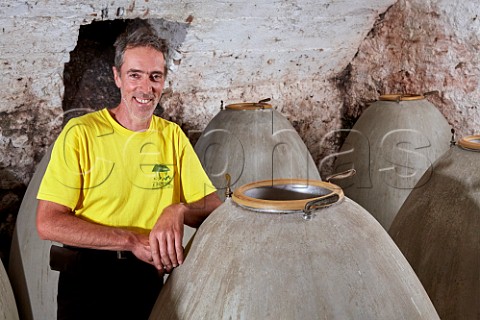 Dominique Belluard died 2021 with the concrete eggs that he uses to age his wines  Ayze and Roussette de Savoie les Grandes Jorasses  Domaine Belluard Ayze HauteSavoie France