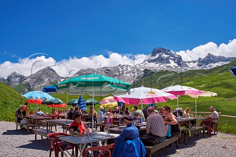 Restaurant terrace at Col des Annes with the Chane des Aravis beyond Le Grand Bornand HauteSavoie France