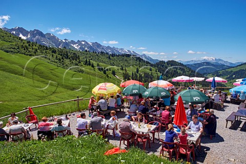 Restaurant terrace at Col des Annes with the Chane des Aravis beyond Le Grand Bornand HauteSavoie France