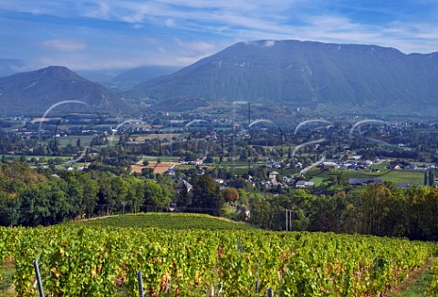View across the valley to Chignin and Les Bauges mountains from vineyards above Apremont Savoie France