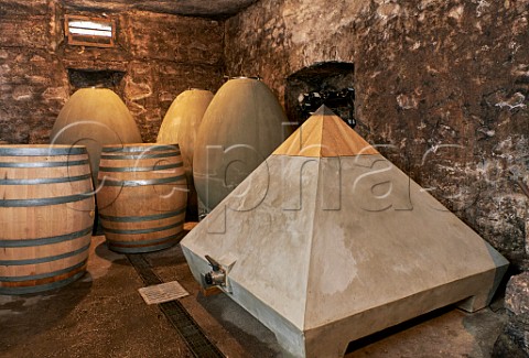Pyramid concrete eggs and barrels in cellar of Les Vignes de Paradis Marcorens Ballaison HauteSavoie France