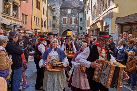 Musicians in traditional dress during the Retour des Alpages festival Annecy HauteSavoie France