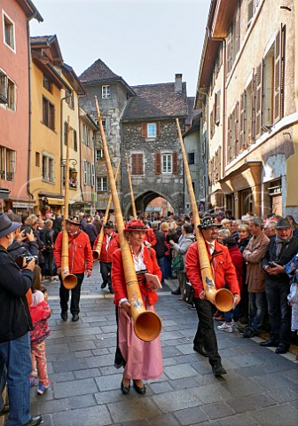 Alphorn players during the Retour des Alpages festival Annecy HauteSavoie France