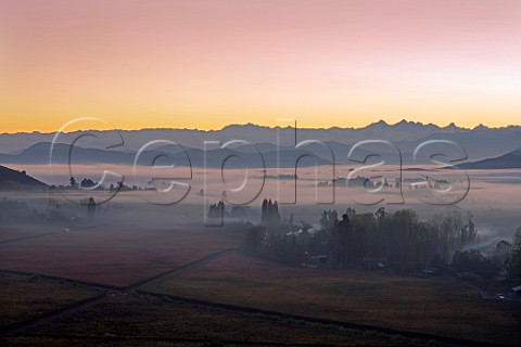 Dawn view from Hotel Vik over vineyards of Via Vik with the Andes in distance  Millahue Chile Millahue Valley
