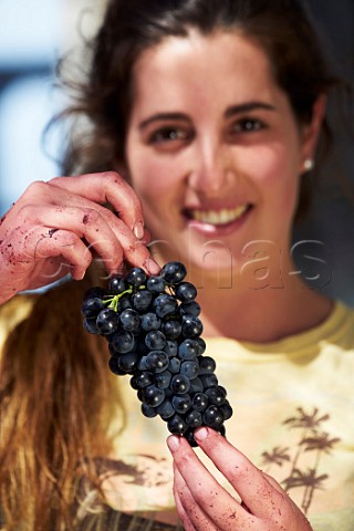 Fabienne Laneri assistant winemaker holding a bunch Syrah grapes Via Casablanca Casablanca Valley Chile