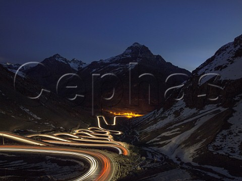 Vehicle light trails on Cuesta Caracoles Los Andes the road to Portillo Ski resort and the Argentinian border one of the most dangerous roads in the world  Chile