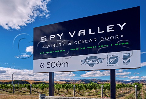 Sign in vineyard of Spy Valley in the Waihopai Valley Marlborough New Zealand