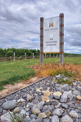Sign and greywacke stones by The Woolshed Vineyard of Mud House Renwick Marlborough New Zealand Wairau Valley