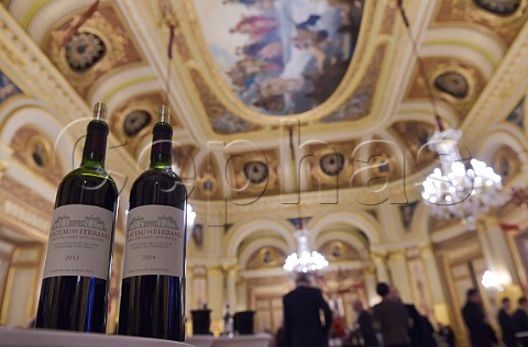 Bottles of Chteau de Ferrand Saintmilion at the Union des Grands Crus Classs tasting in the Grand Thatre Bordeaux Gironde France