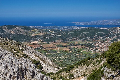 View from Mount Aenos down to the Omala Valley  Agios Gerasimos Monastery town of Valsamata and vineyards of the Robola Wine Cooperative  with Argostoli in distance Cephalonia Ionian Islands Greece