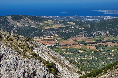 View from Mount Aenos down to the Omala Valley  Agios Gerasimos Monastery and vineyards of the Robola Wine Cooperative  with Argostoli in distance Cephalonia Ionian Islands Greece