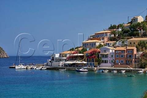 Village of Assos with houses and taverna overlooking its bay Cephalonia Ionian Islands Greece