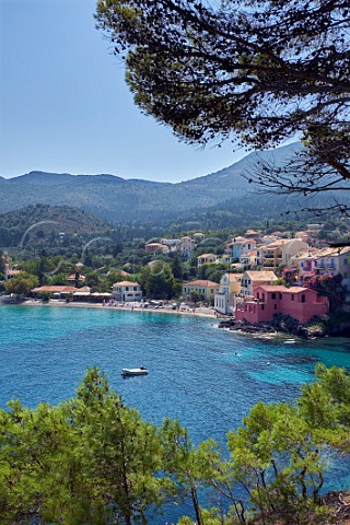 Village of Assos with houses and taverna overlooking its bay Cephalonia Ionian Islands Greece