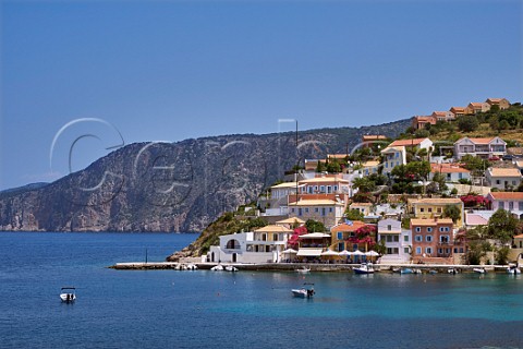 Village of Assos with houses and taverna overlooking its bay Cephalonia Ionian Islands Greece