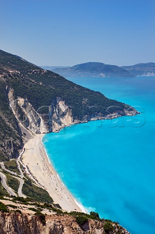 Myrtos Beach with the Paliki Peninsula across the Gulf of Myrtos  Cephalonia Ionian Islands Greece