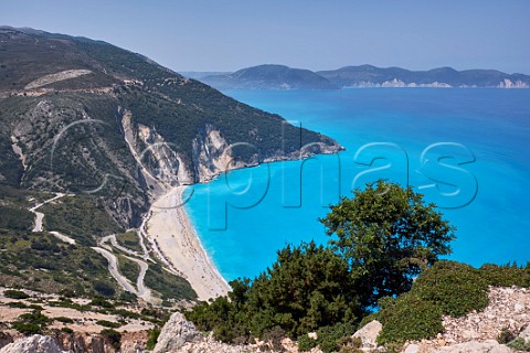 Myrtos Beach with the Paliki Peninsula across the Gulf of Myrtos  Cephalonia Ionian Islands Greece