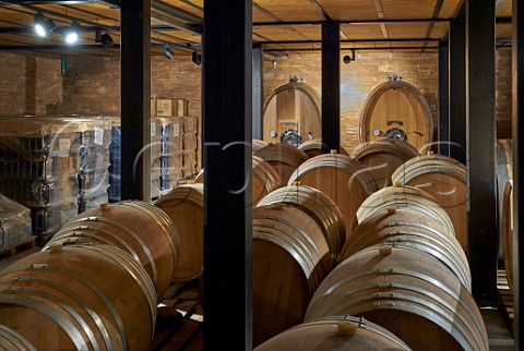 New oak barrels containing Vostildi in cellar of Sclavos winery Lixouri Paliki Peninsula Cephalonia Ionian Islands Greece